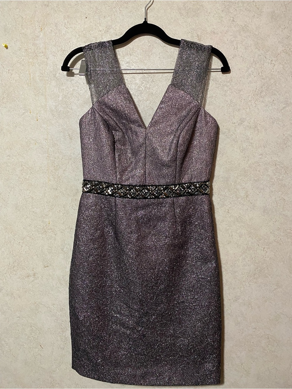 Phoebe Couture Shimmery Lilac Mini Dress with Beaded Waist